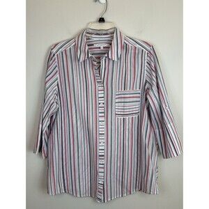 FOXCROFT Striped Gauzy Button Up Shirt Women 14 Roll Tab Sleeve Cotton Blouse